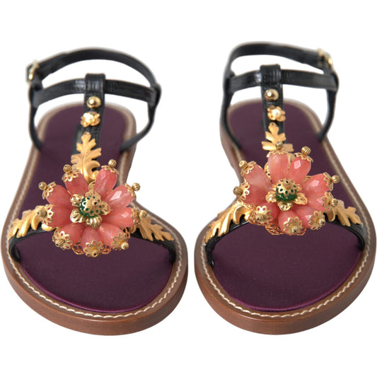Dolce & Gabbana Black Crystal Gold Sandals Leather Shoes LA10367-35
