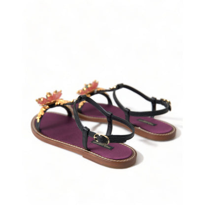 Dolce & Gabbana Black Crystal Gold Sandals Leather Shoes