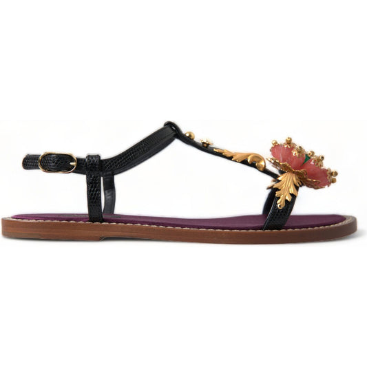 Dolce & Gabbana Black Crystal Gold Sandals Leather Shoes LA10367-35