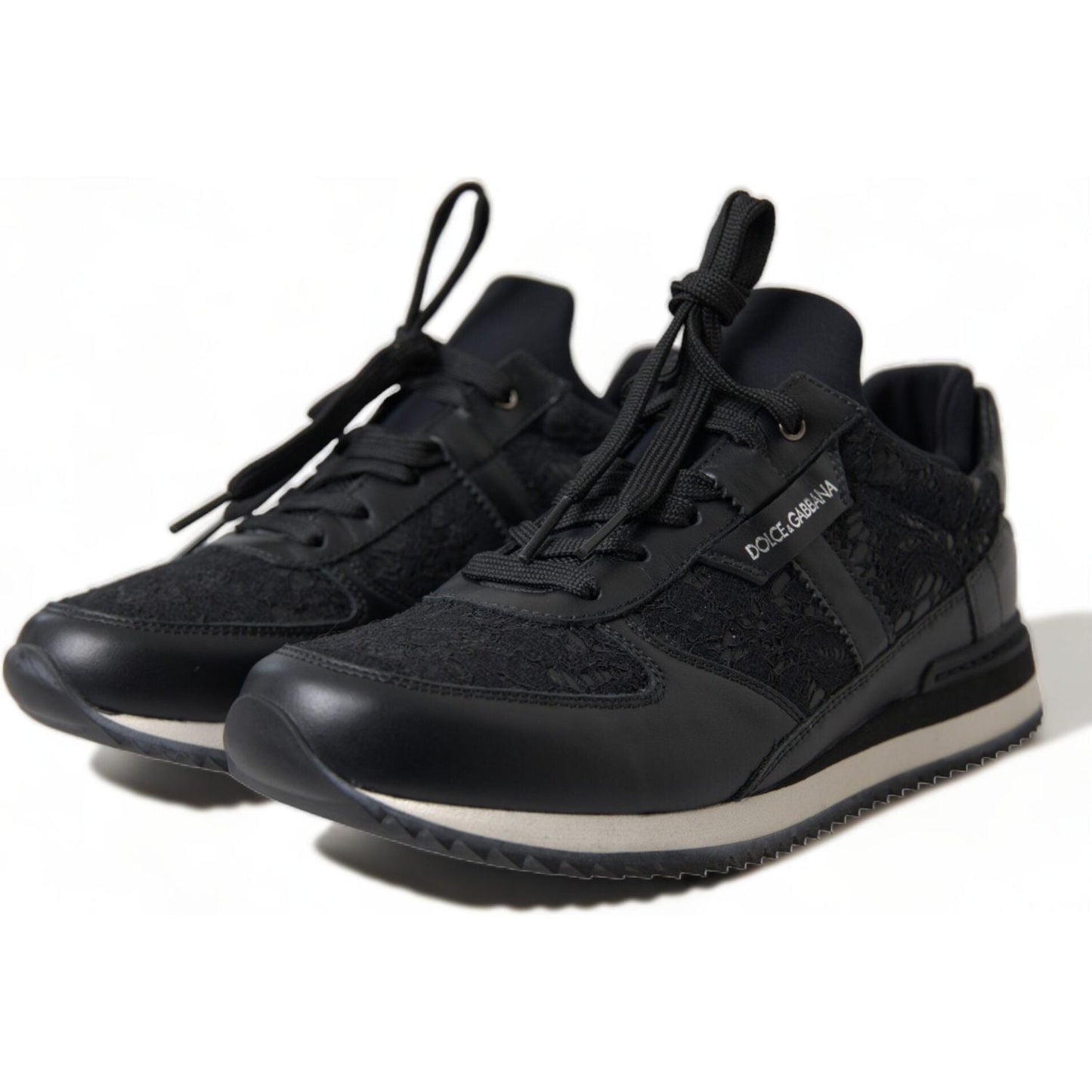Dolce & Gabbana Black Floral Lace Leather Sneakers Shoes LA10369-36