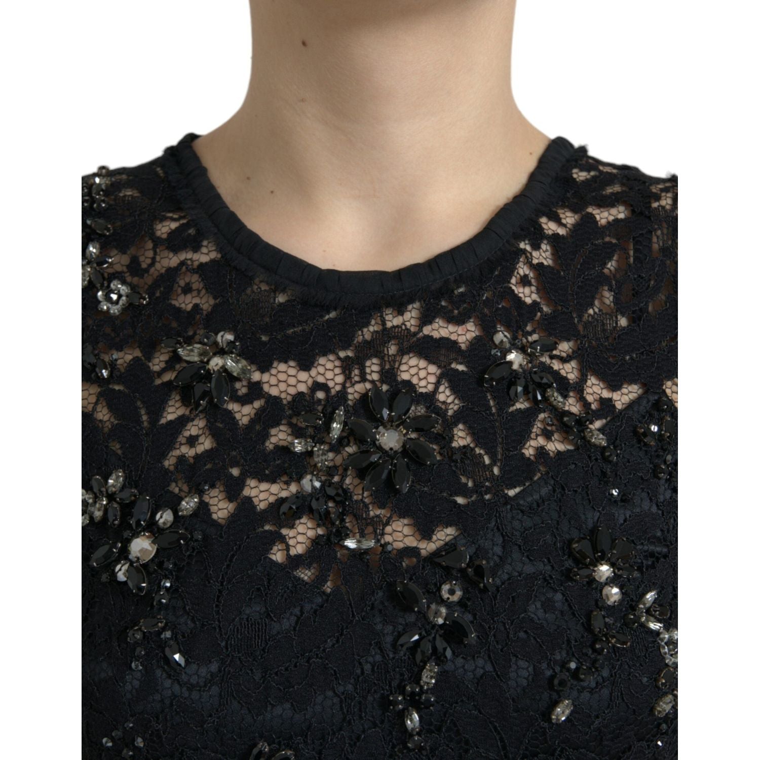 Dolce & Gabbana Black Floral Lace Crystal Sheath Dress