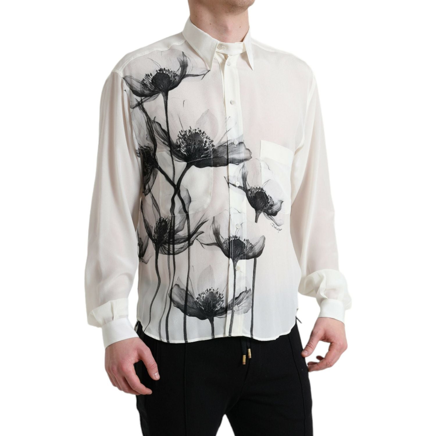 Dolce & Gabbana White Floral Collared Dress Silk Shirt