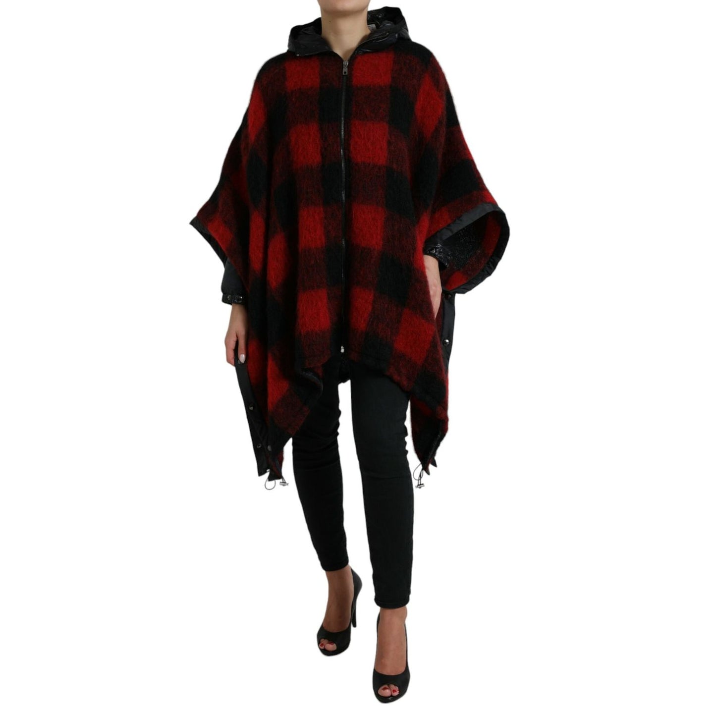 Dolce & Gabbana Black Red Buffalo Check Hooded Poncho Jacket