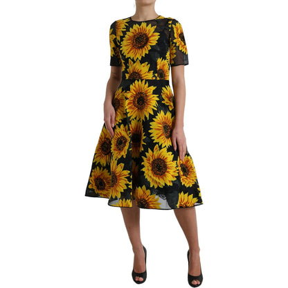 Dolce & Gabbana Black Sunflower Print Nylon A-line Midi Dress