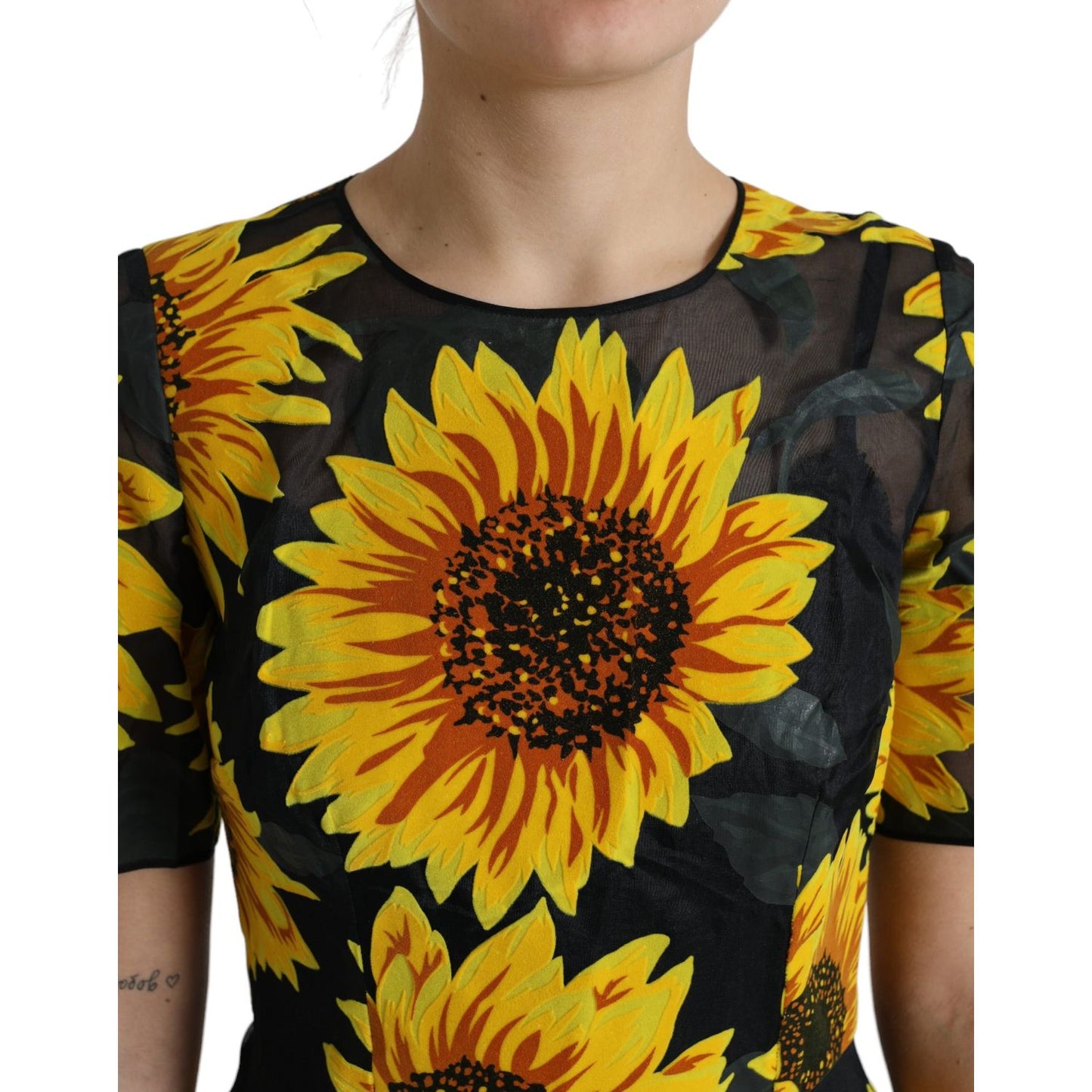Dolce & Gabbana Black Sunflower Print Nylon A-line Midi Dress