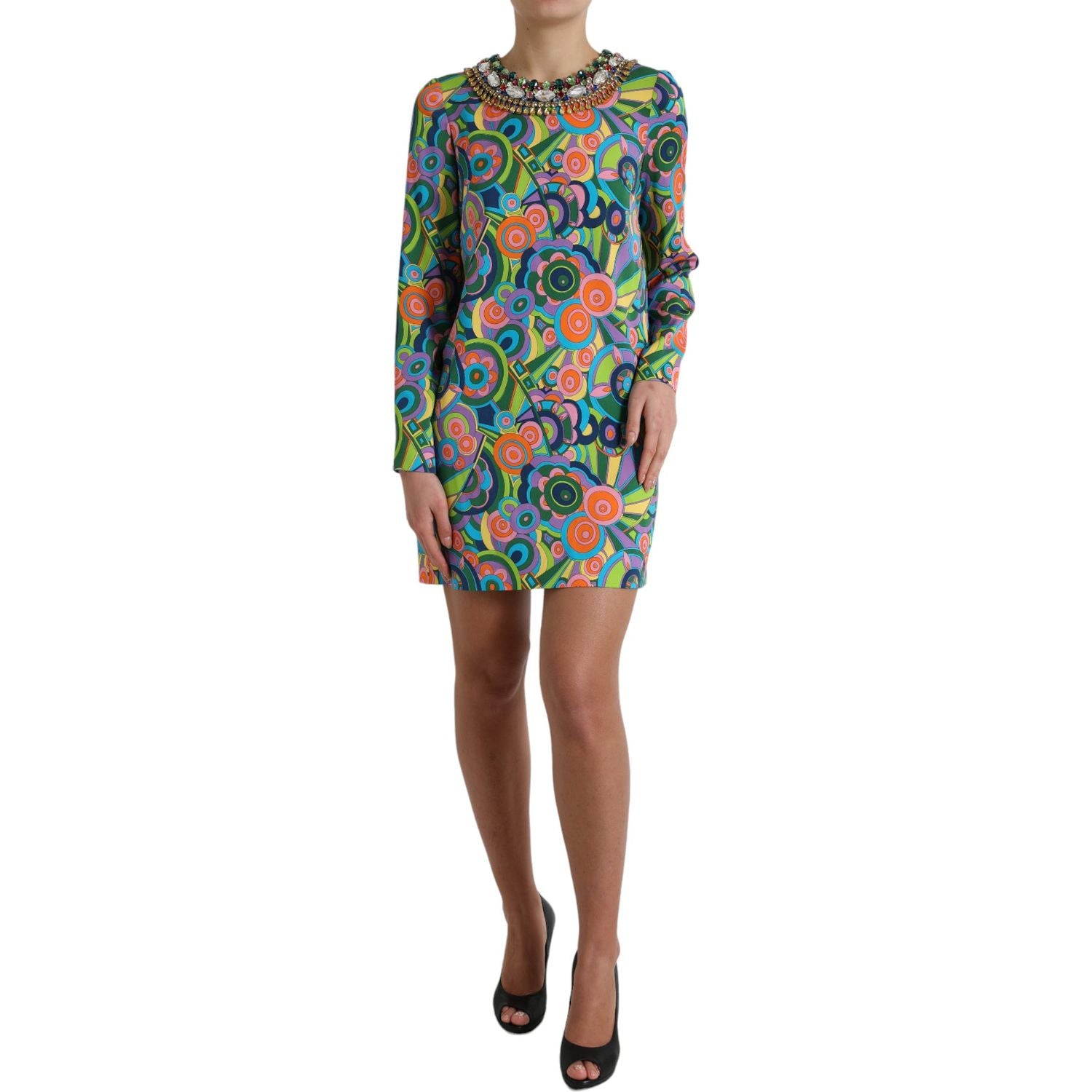 Dolce & Gabbana Multicolor Geometric Print Silk Crystals Midi Dress