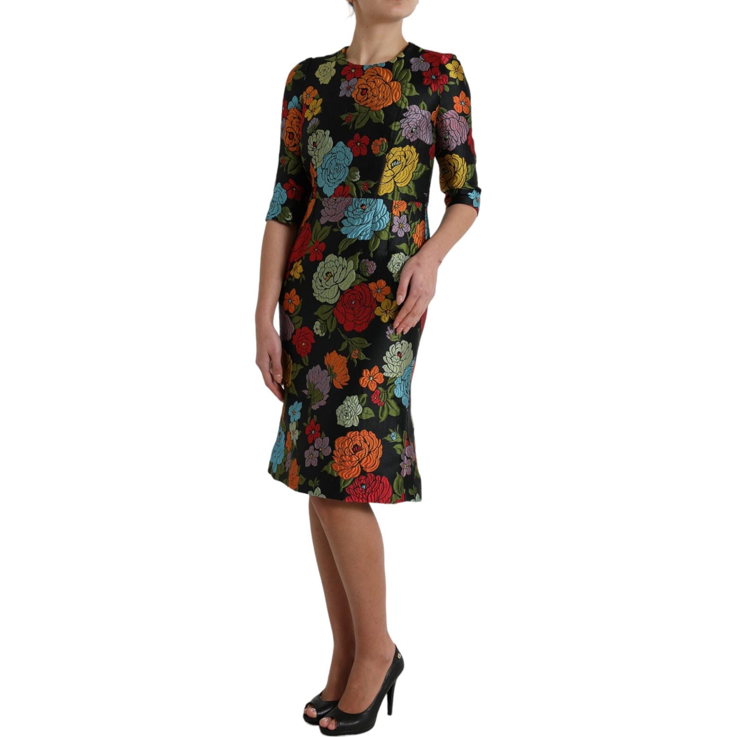 Dolce & Gabbana Black Floral Embroidery Knee Length Dress