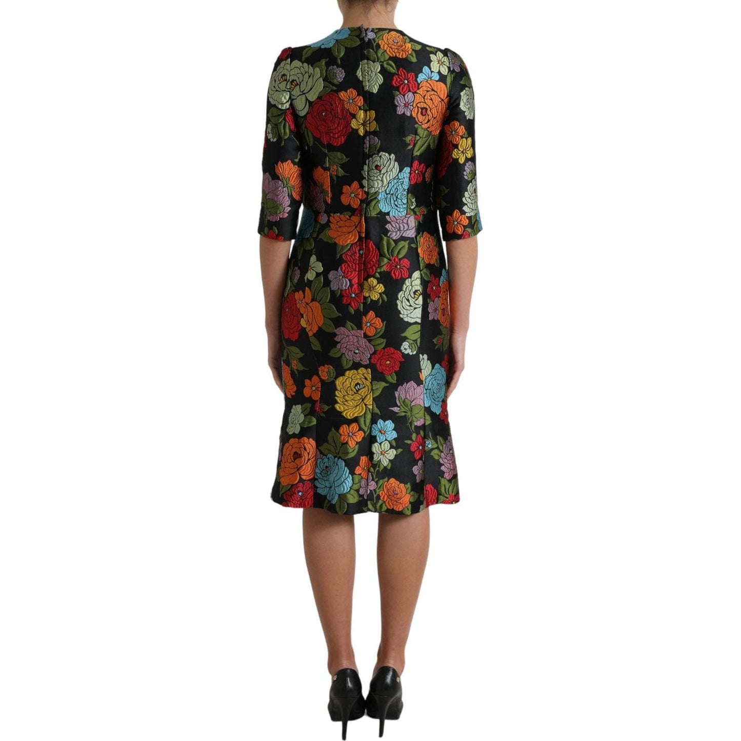 Dolce & Gabbana Black Floral Embroidery Knee Length Dress