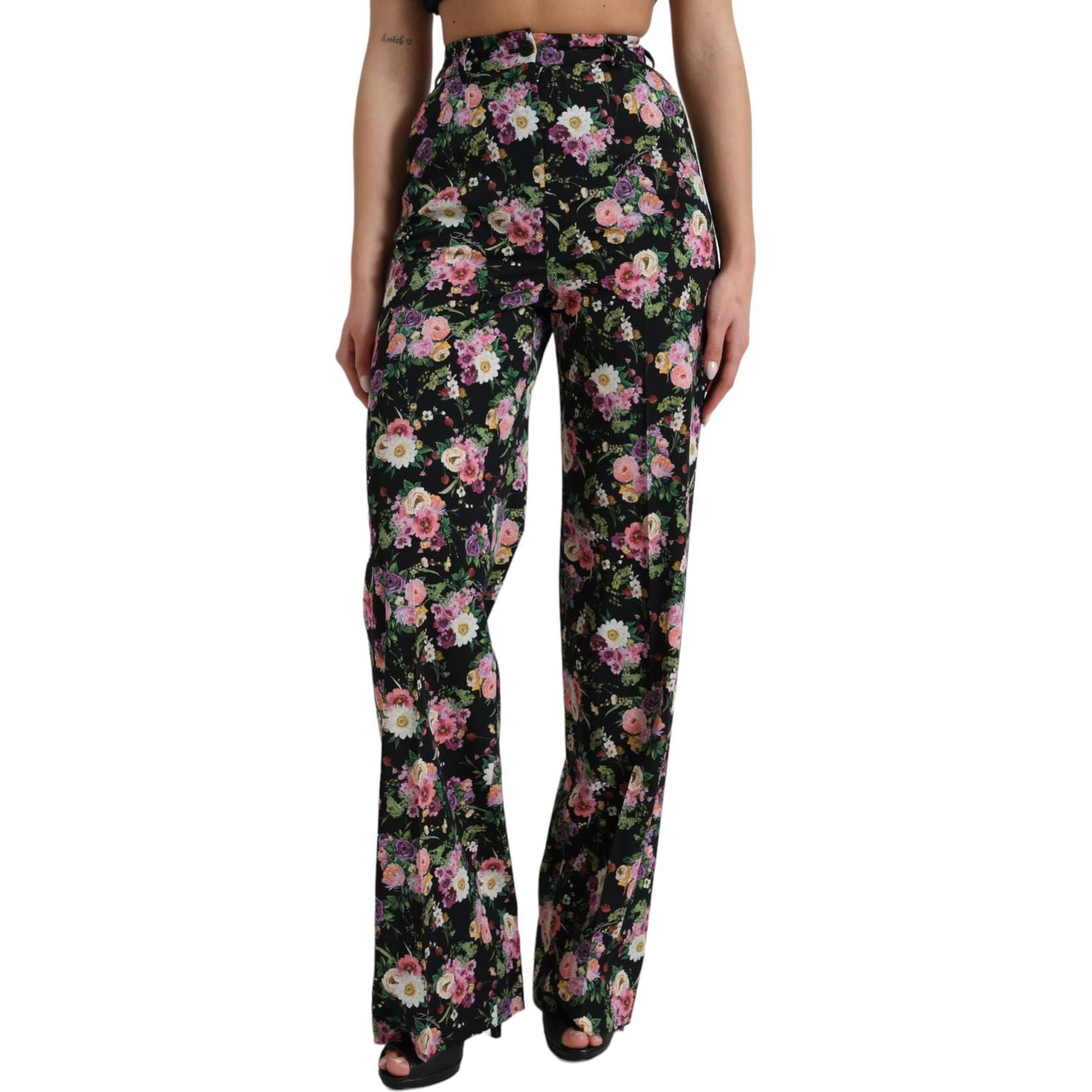 Dolce & Gabbana Black Floral Wool High Waist Wide Leg Pants