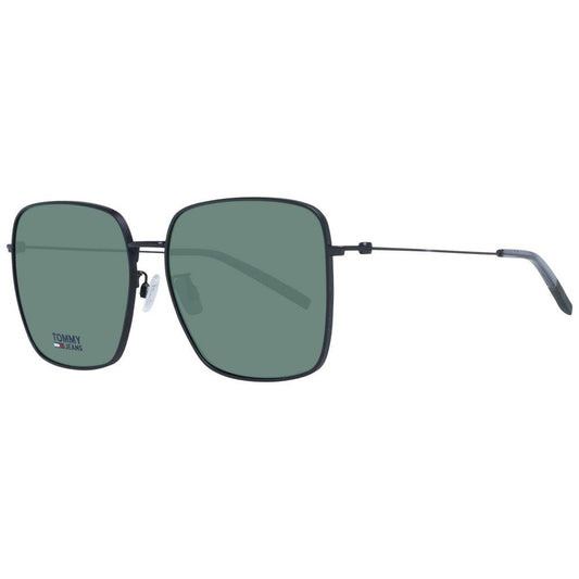 Tommy Hilfiger black unisex sunglasses with green plastic lenses, metal frame, full-rim style, UVA & UVB protection, trapezium shape.