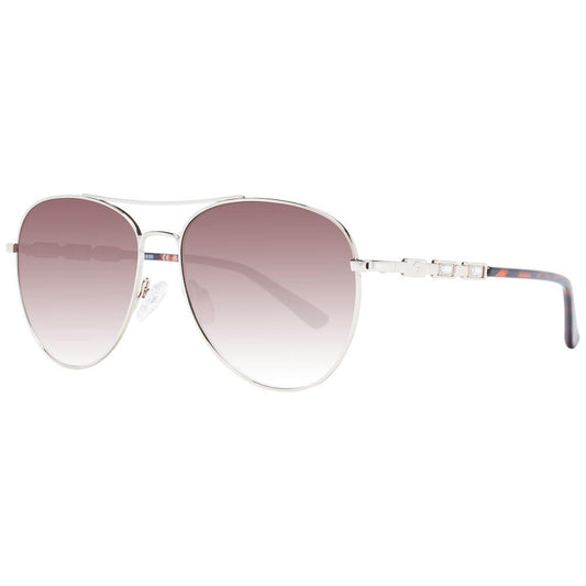 Guess silver women's aviator sunglasses with gradient brown lenses, metal frame, and full-rim style, includes branded case, 100% UV protection.