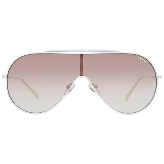 Guess white women's sunglasses with white metal frame and gradient brown lenses, offering 100% UVA and UVB protection.