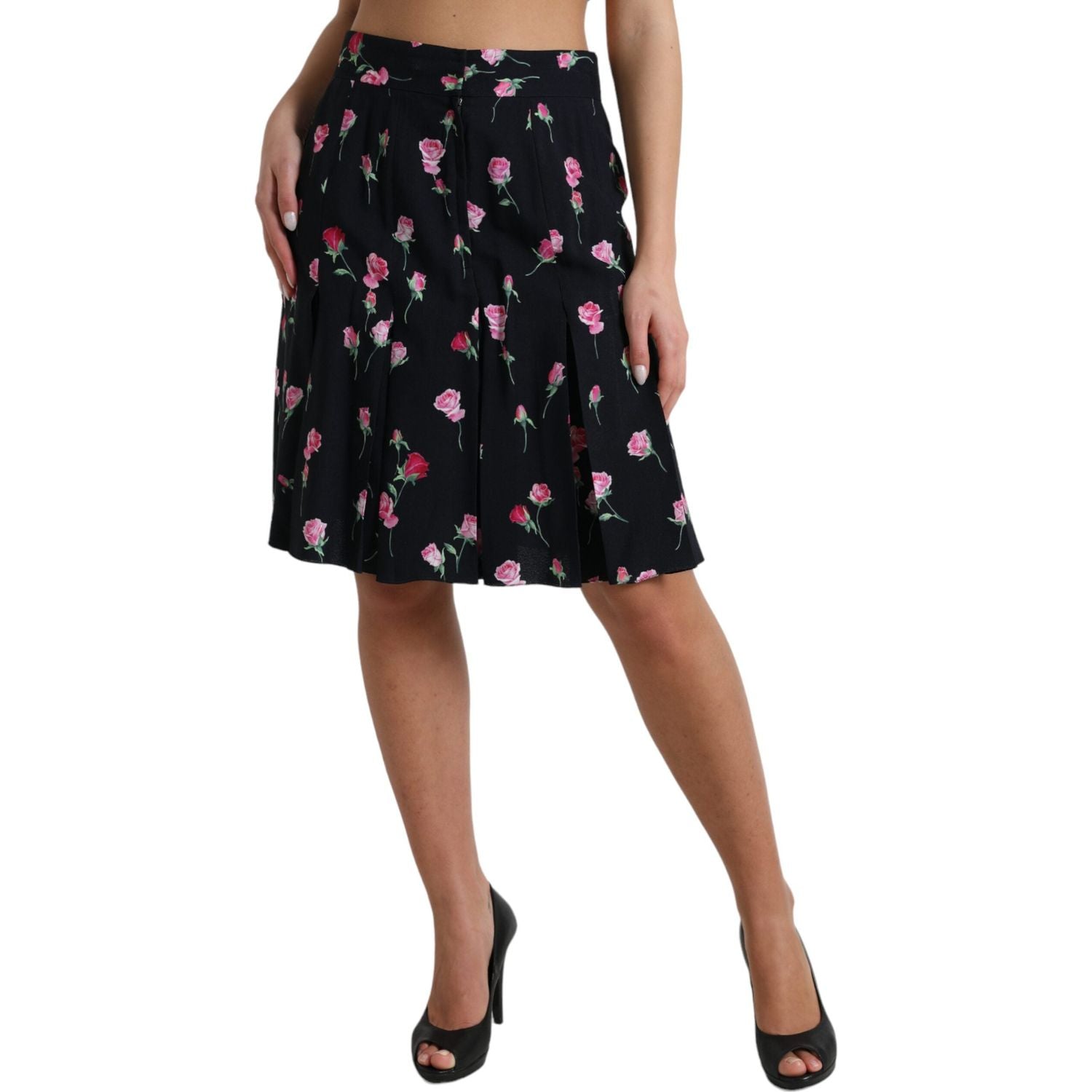Dolce & Gabbana Black Rose High Waist A-line Knee Length Skirt
