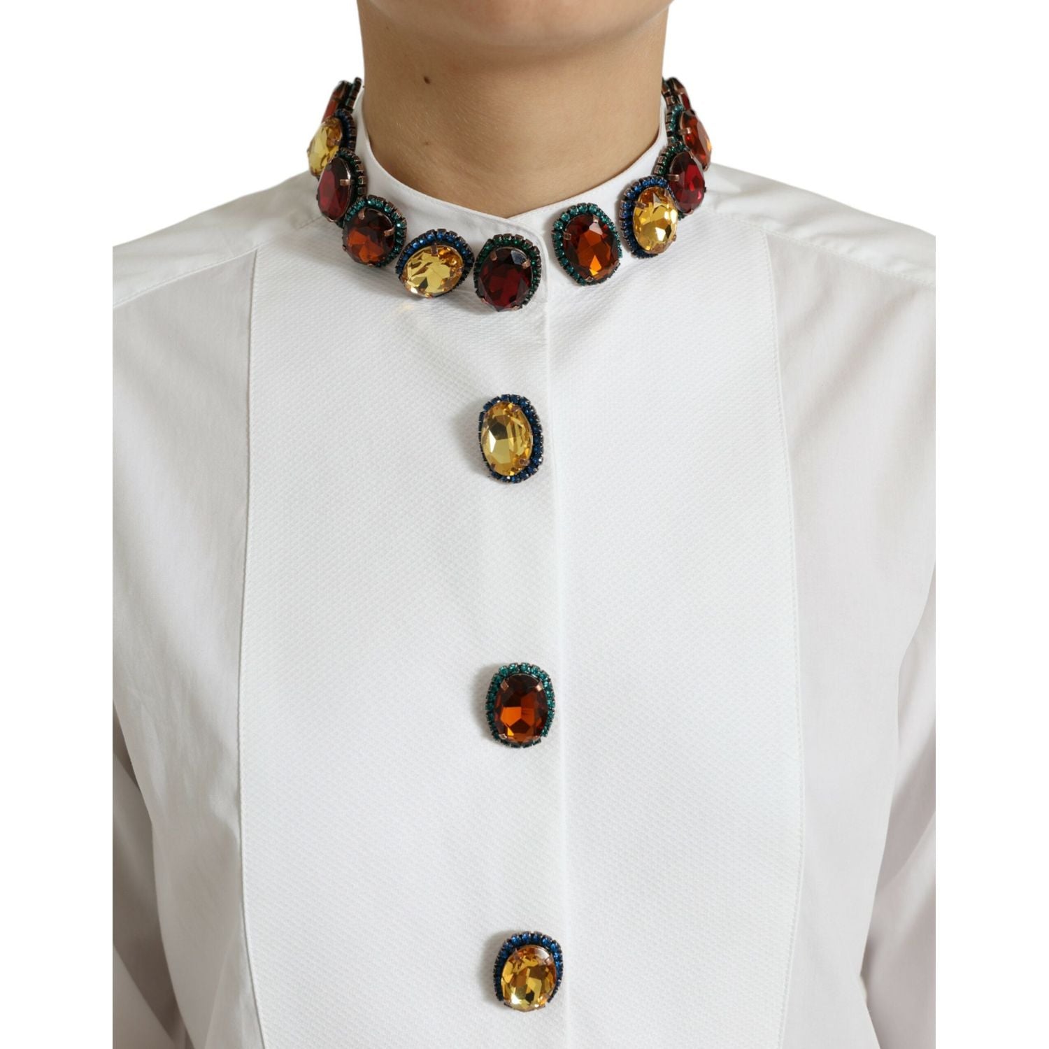 Dolce & Gabbana White Cotton Crystals Embellished Shirt Top