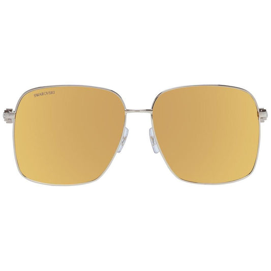 Swarovski gold women's sunglasses with mirrored brown lenses, metal full-rim square frame, providing 100% UVA & UVB protection.