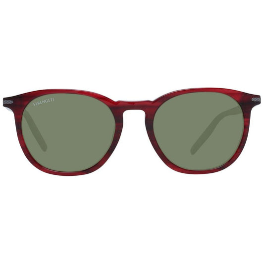 Serengeti red unisex sunglasses with green polarized lenses, full-rim round acetate frame, offering 100% UVA & UVB protection.