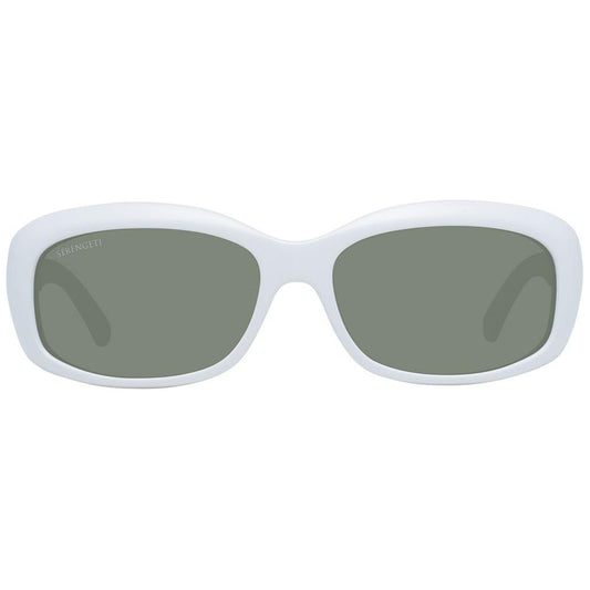 Serengeti White Women Sunglasses with white nylon frame and green polarized lenses, 100% UVA & UVB protection, full-rim rectangle style.