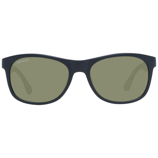 Serengeti black unisex sunglasses with polarized green lenses, full-rim rectangle style, 100% UVA & UVB protection, plastic frame.