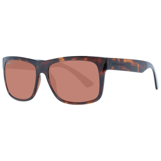 Serengeti brown unisex sunglasses, full-rim trapezium style with polarized lenses, offering 100% UVA/UVB protection.