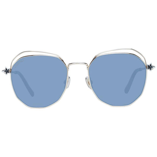 Geometric metal sunglasses with blue lenses and star accents on the temples.