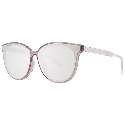Jimmy Choo unisex pink sunglasses with rose cat-eye plastic frame, grey mirrored lenses, and 100% UVA & UVB protection.