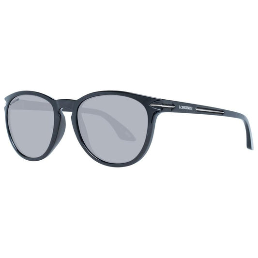 Longines black unisex round sunglasses with gradient grey lenses, full-rim plastic frame, 54-19-140 size, 100% UVA & UVB protection.
