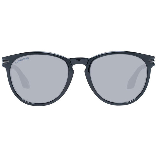 Longines black unisex full-rim sunglasses with gradient grey lenses, plastic frame, 54-19-140 size. Includes branded case.