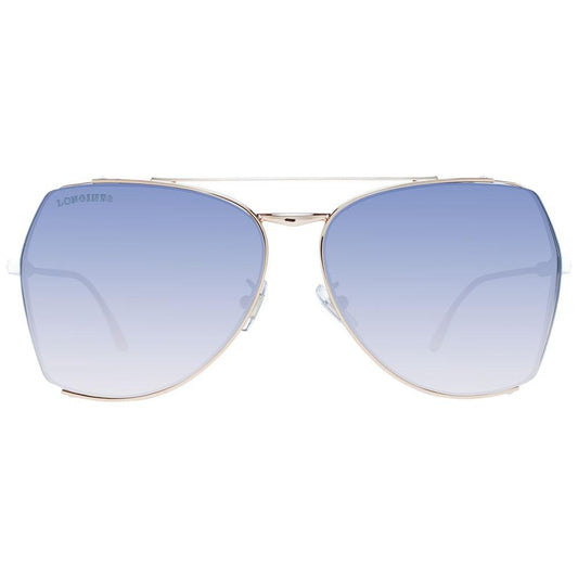 Longines gold aviator sunglasses for women with blue gradient lenses, metal half-rim frame, 100% UV protection, and branded case included.