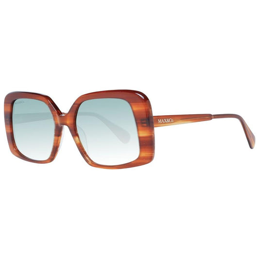Max & Co brown women's square sunglasses with gradient green lenses, full-rim plastic frame, UVA & UVB protection, includes branded case.