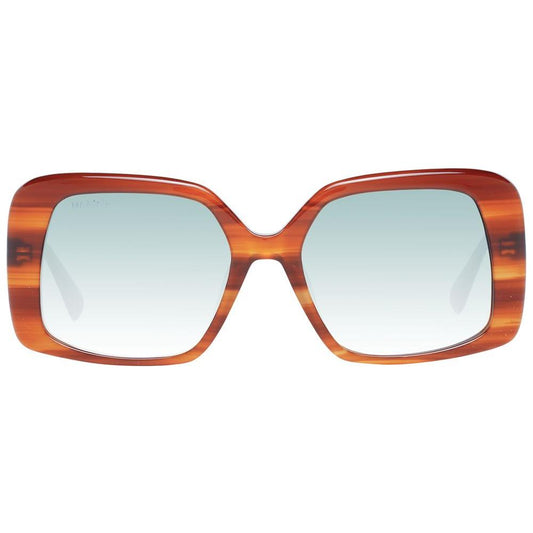Max & Co brown square women's sunglasses with brown plastic frame, green gradient lenses, and full-rim style, 100% UVA & UVB protection.