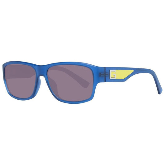 Guess blue unisex sunglasses with plastic frame, brown gradient lenses, full-rim design, trapezium style, offering 100% UVA & UVB protection.