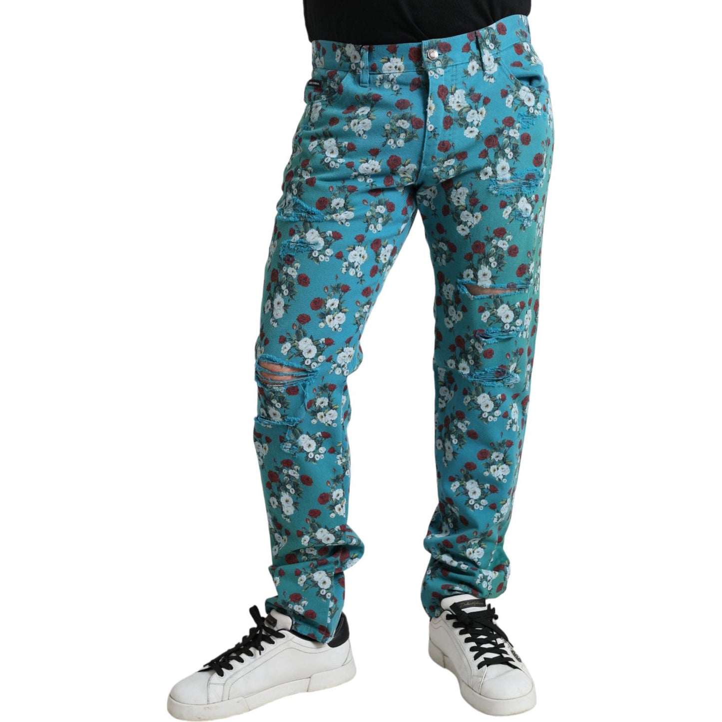 Dolce & Gabbana Blue Floral Print Skinny Cotton Denim Pants