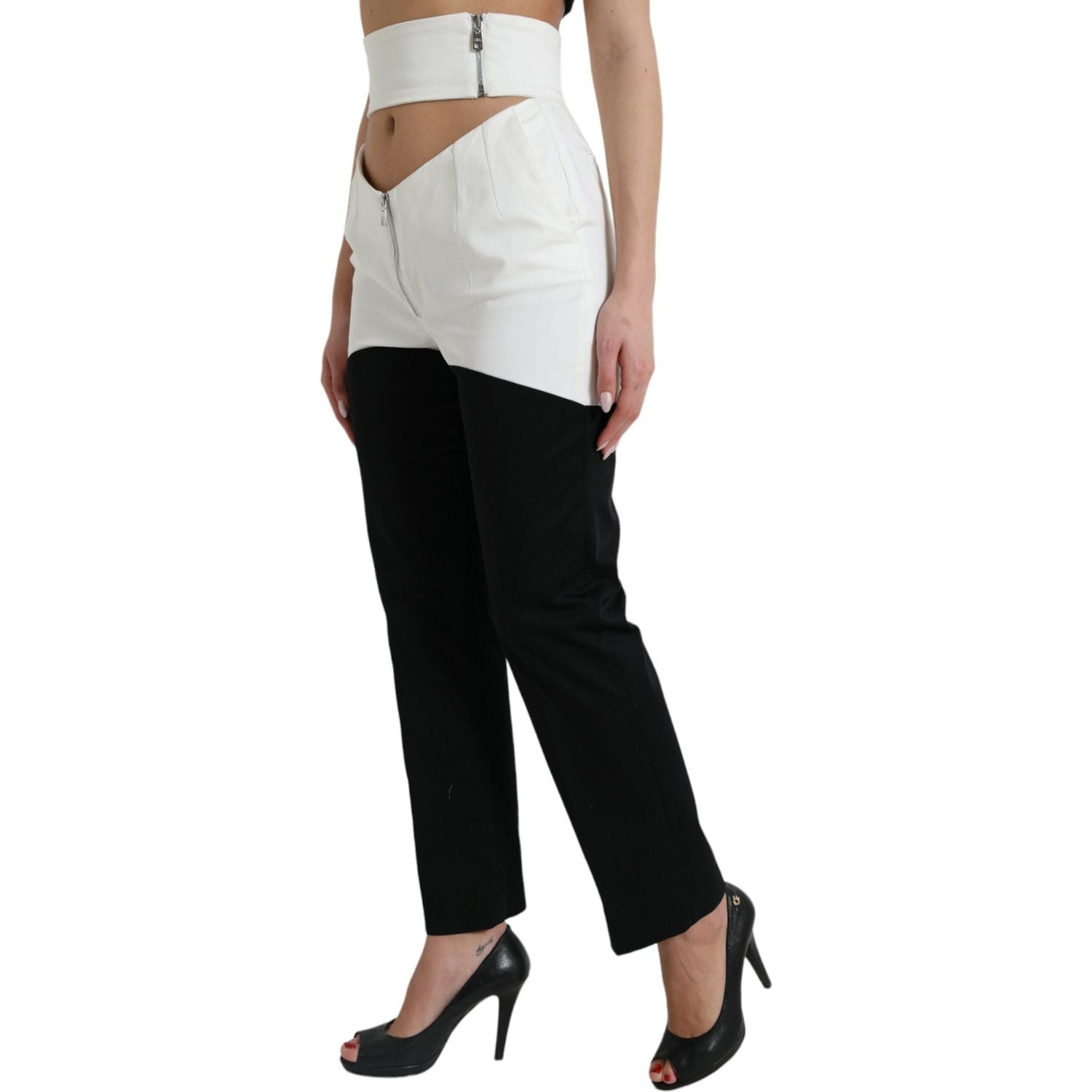 Dolce & Gabbana Black White Cotton Cut Out Waist Tapered Pants