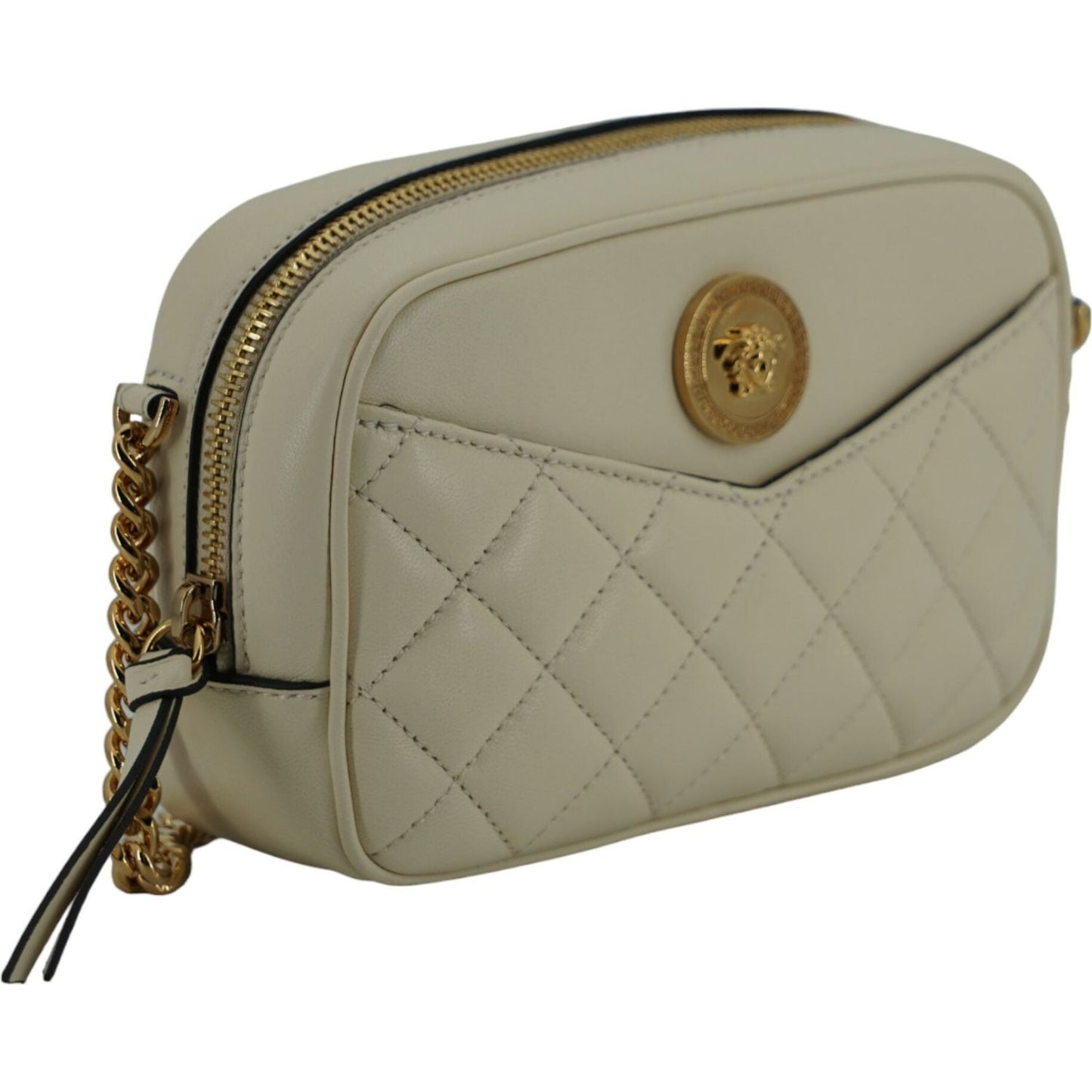 Versace White Lamb Leather Small Camera Crossbody Bag