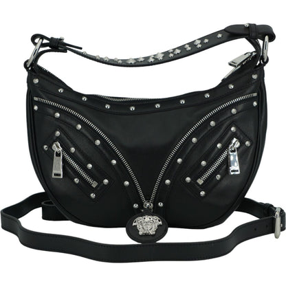 Versace Elegant Black Leather Hobo Shoulder Bag
