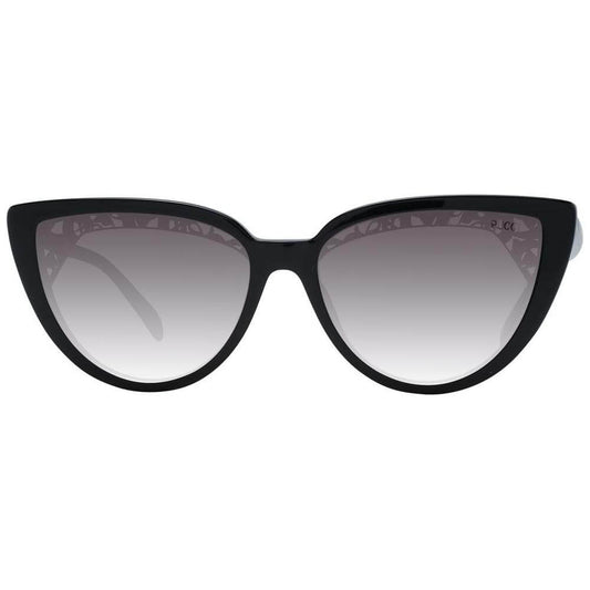 Emilio Pucci black cat eye sunglasses for women with grey gradient lenses and full-rim plastic frame, includes branded case.