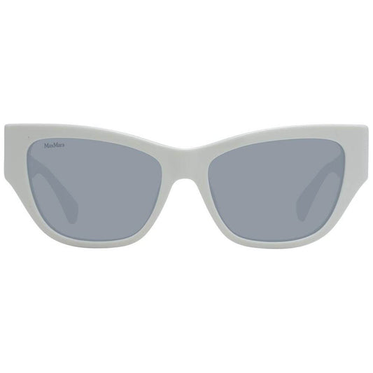 Max Mara white cat eye women's sunglasses with grey mirrored lenses and full-rim plastic frame, includes branded case for shipment.