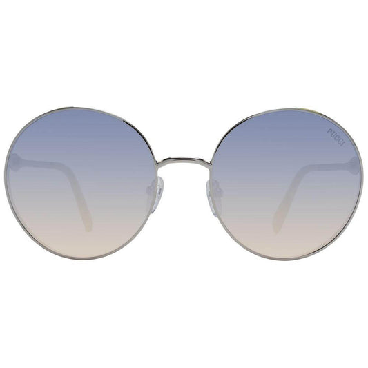 Emilio Pucci silver metal full-rim women's sunglasses with gradient grey lenses, providing 100% UVA & UVB protection. Includes branded case.