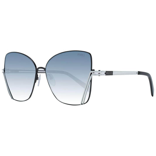 Emilio Pucci black butterfly sunglasses for women with full-rim metal frame and gradient grey lenses, includes branded case.