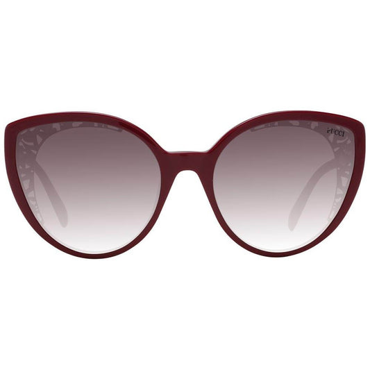 Emilio Pucci women's red sunglasses with full-rim butterfly design, burgundy gradient lenses, and 100% UVA & UVB protection.