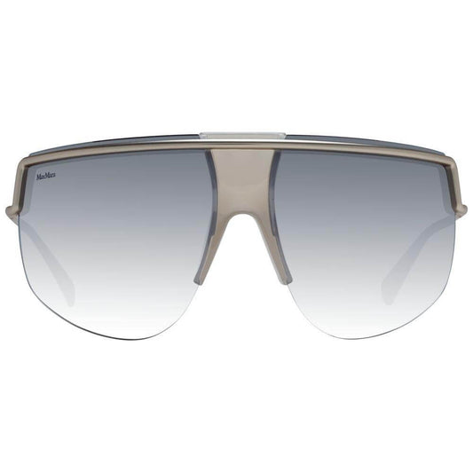 Max Mara silver aviator sunglasses for women with mirrored gradient grey lenses, metal half-rim frame, and 100% UVA & UVB protection.