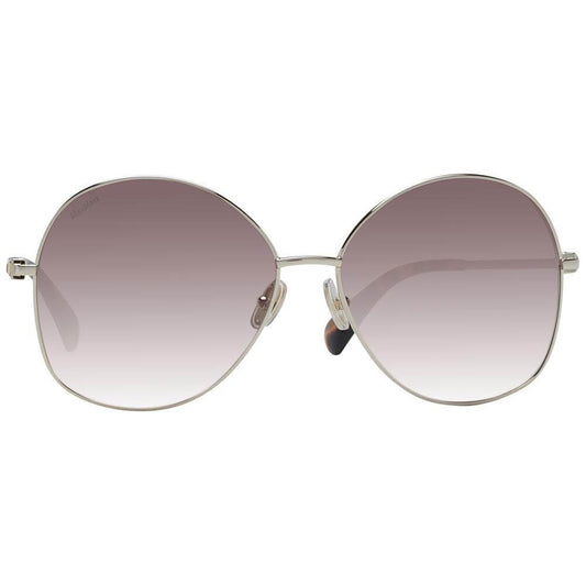 Max Mara round gold women's sunglasses with gradient brown lenses, full-rim metal frame, 100% UVA & UVB protection, branded case included.