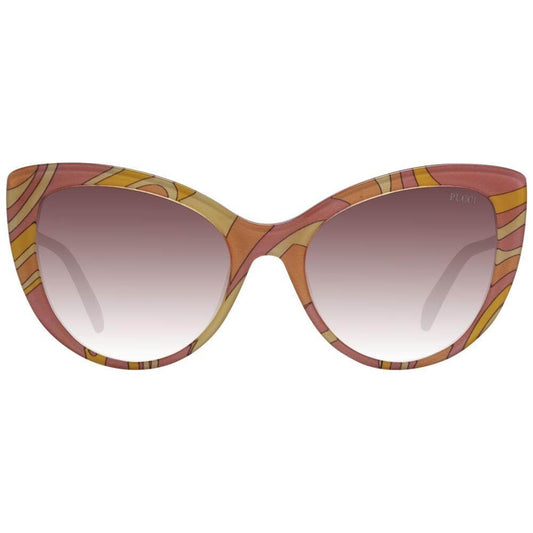 Emilio Pucci multicolor cat-eye women's sunglasses with brown gradient lenses, full-rim plastic frame, and UVA & UVB protection.