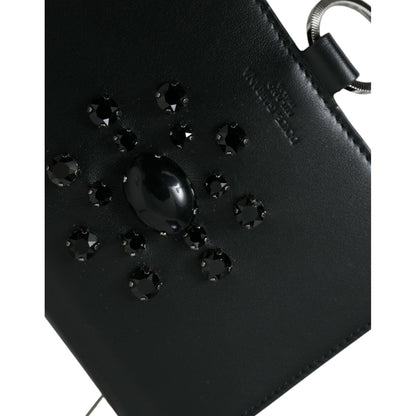 Dolce & Gabbana Black White Leather Crystal Embellished Cardholder Wallet