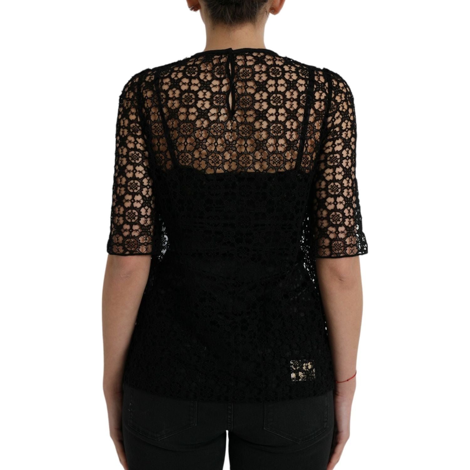 Dolce & Gabbana Black Floral Lace Short Sleeves Blouse Top