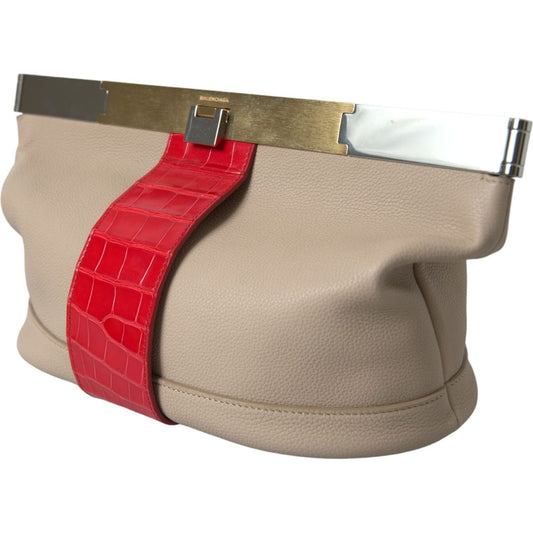 Balenciaga Beige Red Two Tone Exotic Leather Pouch Bag BAG1173