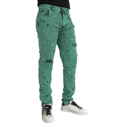 Dolce & Gabbana Green Crystals Cotton Stretch Slim Jeans