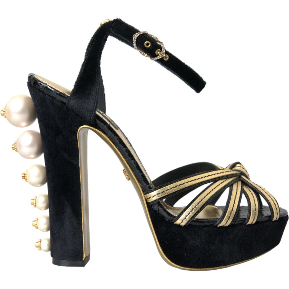 Dolce & Gabbana Black Gold Embellished Heels Sandals Shoes LA10771-39