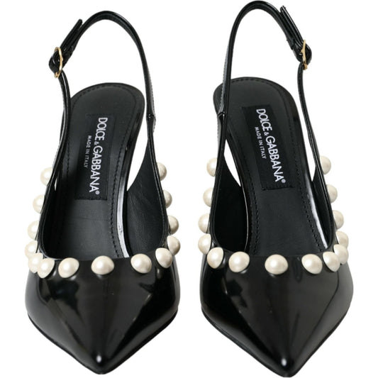 Dolce & Gabbana Black Leather Faux Pearl Heel Slingback Shoes LA10617-40