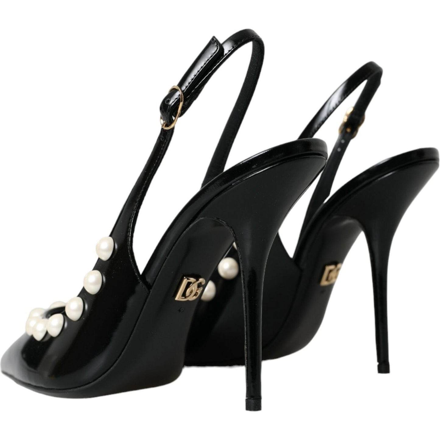 Dolce & Gabbana Black Leather Faux Pearl Heel Slingback Shoes LA10617-40